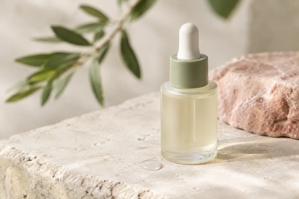 Flacon de sérum anti-imperfections posé sur une pierre claire dans une lumière douce