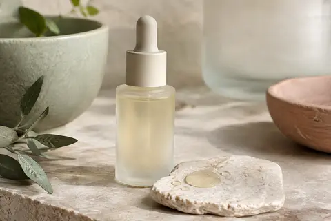 Sérum réhydratant Mixa posé sur une pierre claire près de quelques gouttes de soin visage.