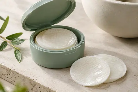 Disques exfoliants Mizon aux accents verts présentés dans leur contenant ouvert sur une pierre claire.