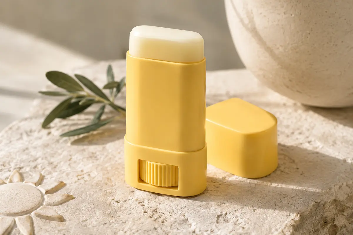 Stick solaire jaune SPF 50 posé sur une pierre claire, près d’une touche de texture solaire.