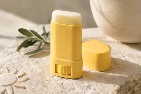 Stick solaire jaune SPF 50 posé sur une pierre claire, près d’une touche de texture solaire.
