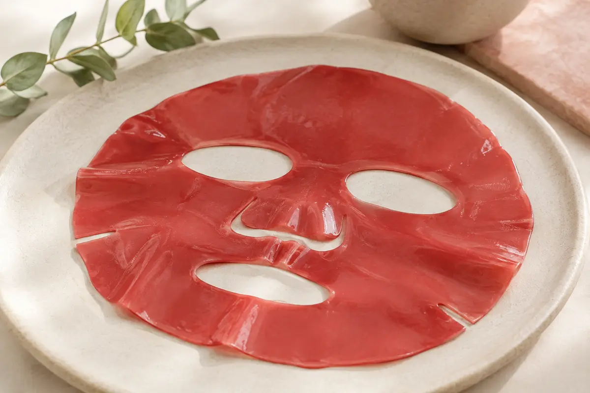 Masque visage hydrogel rouge posé sur une céramique claire dans une lumière douce