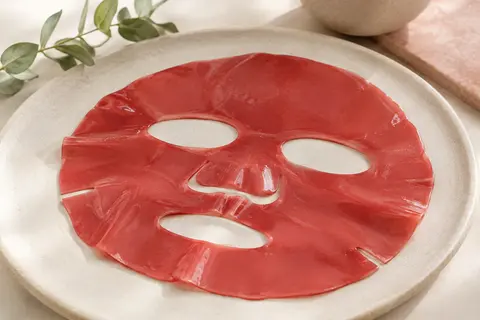 Masque visage hydrogel rouge posé sur une céramique claire dans une lumière douce