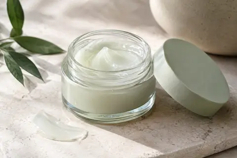 Pot en verre ouvert de crème-gel hydratante Neutrogena posé sur une pierre claire