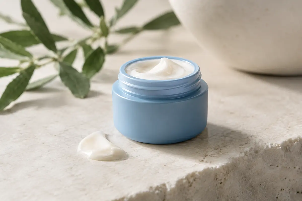 Petit contenant bleu de crème contour des yeux posé sur une pierre claire dans une lumière douce.