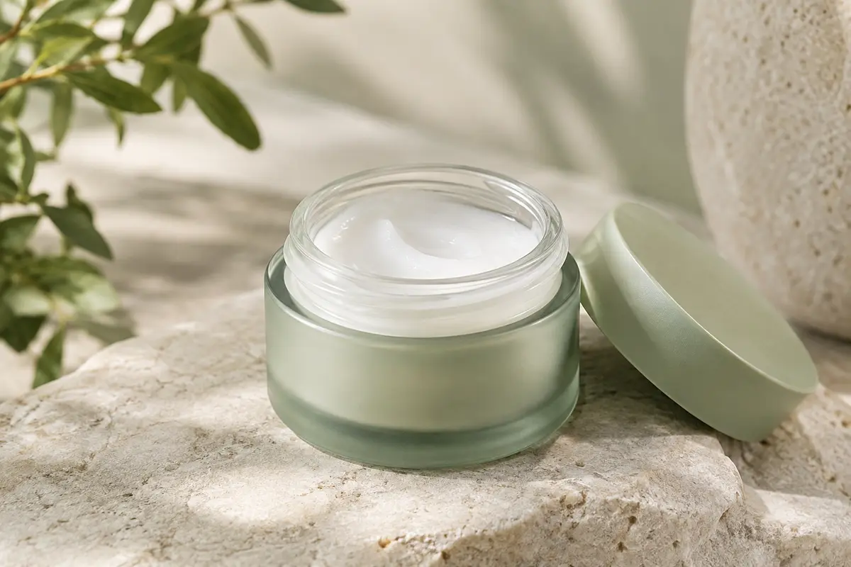 Pot de gel-crème hydratant Neutrogena Hydro Boost posé sur une pierre claire, texture visible.
