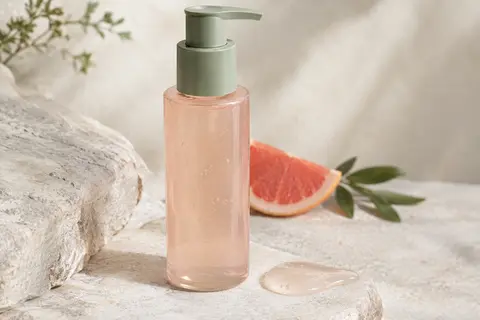 Flacon pompe de gel nettoyant visage posé sur une pierre claire, avec une touche de gel et de pamplemousse rose.