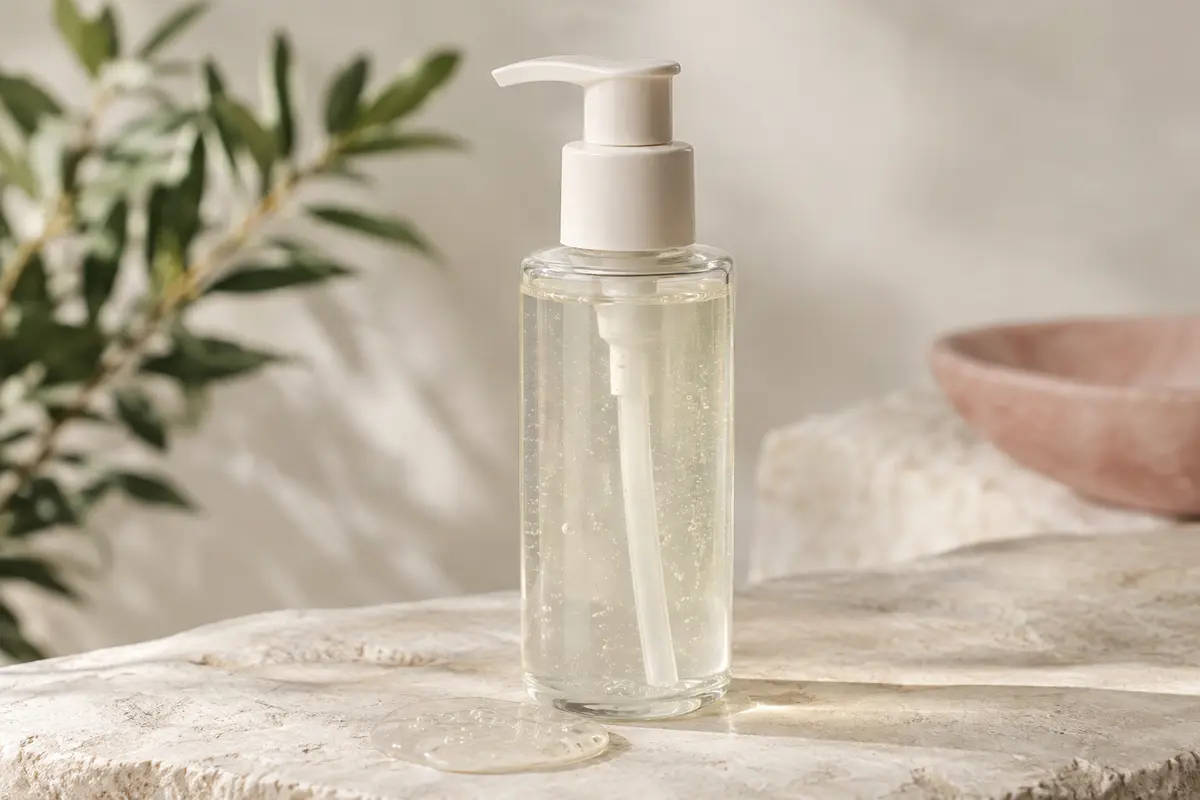 Flacon pompe de gel nettoyant visage posé sur une pierre claire, avec une touche de gel translucide.
