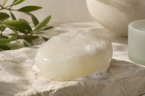 Barre nettoyante solide claire posée sur une pierre pâle dans une lumière naturelle douce.