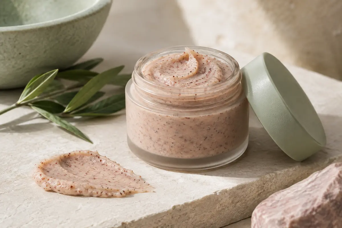 Gommage visage en contenant compact, accompagné d’une texture granuleuse sur une pierre claire