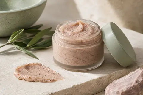 Gommage visage en contenant compact, accompagné d’une texture granuleuse sur une pierre claire