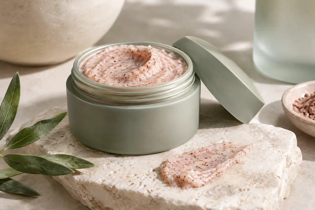 Gommage visage Glycolic Fix dans un contenant compact, posé sur une pierre claire près de sa texture.