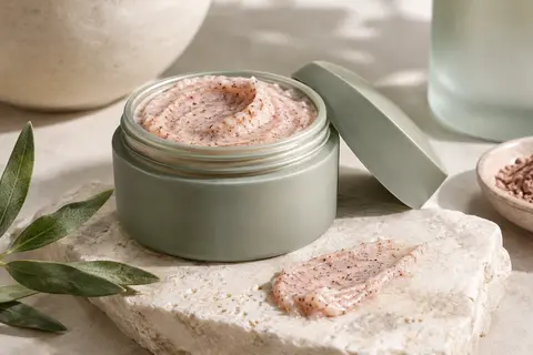 Gommage visage Glycolic Fix dans un contenant compact, posé sur une pierre claire près de sa texture.