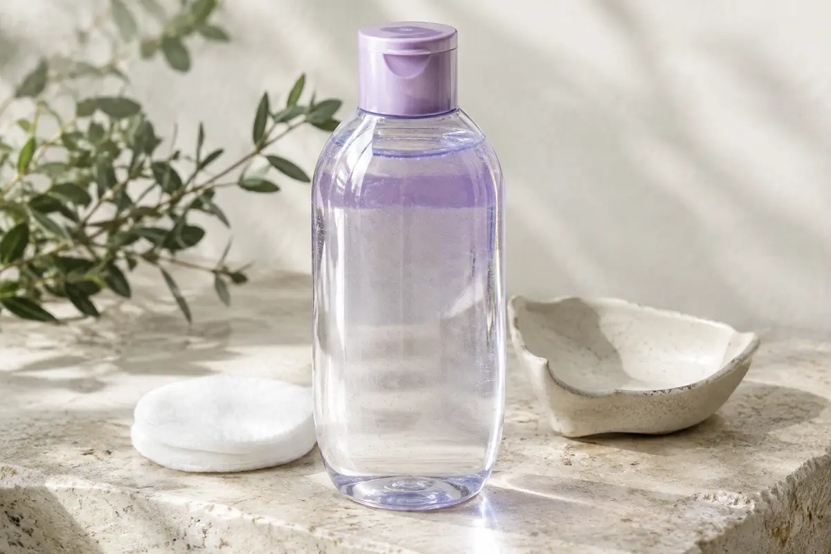 Flacon violet d’eau micellaire posé sur une pierre claire près d’un coton blanc et d’un végétal discret