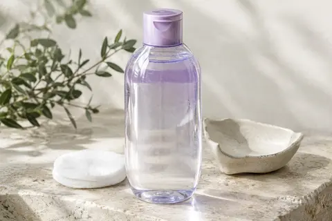 Flacon violet d’eau micellaire posé sur une pierre claire près d’un coton blanc et d’un végétal discret