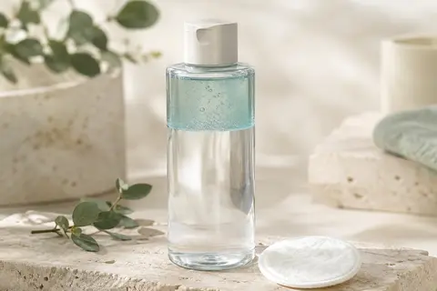 Flacon d’eau micellaire Skin Radiance translucide posé sur une pierre claire avec un disque démaquillant.