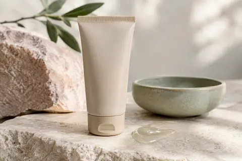 Contenant beige de gel nettoyant visage posé sur une pierre claire près d’une coupelle mate