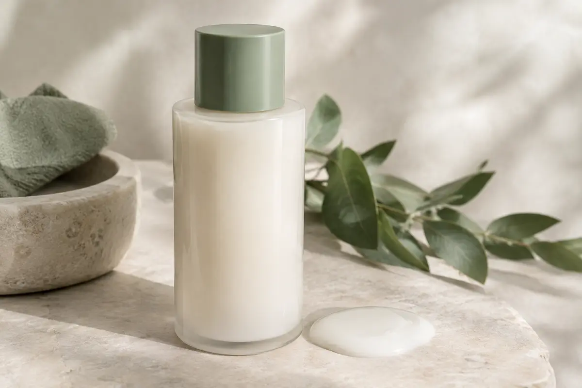 Flacon de lait démaquillant posé sur une pierre claire, accompagné d’une touche de texture lactée.