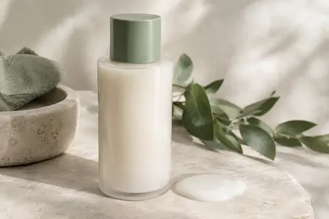 Flacon de lait démaquillant posé sur une pierre claire, accompagné d’une touche de texture lactée.