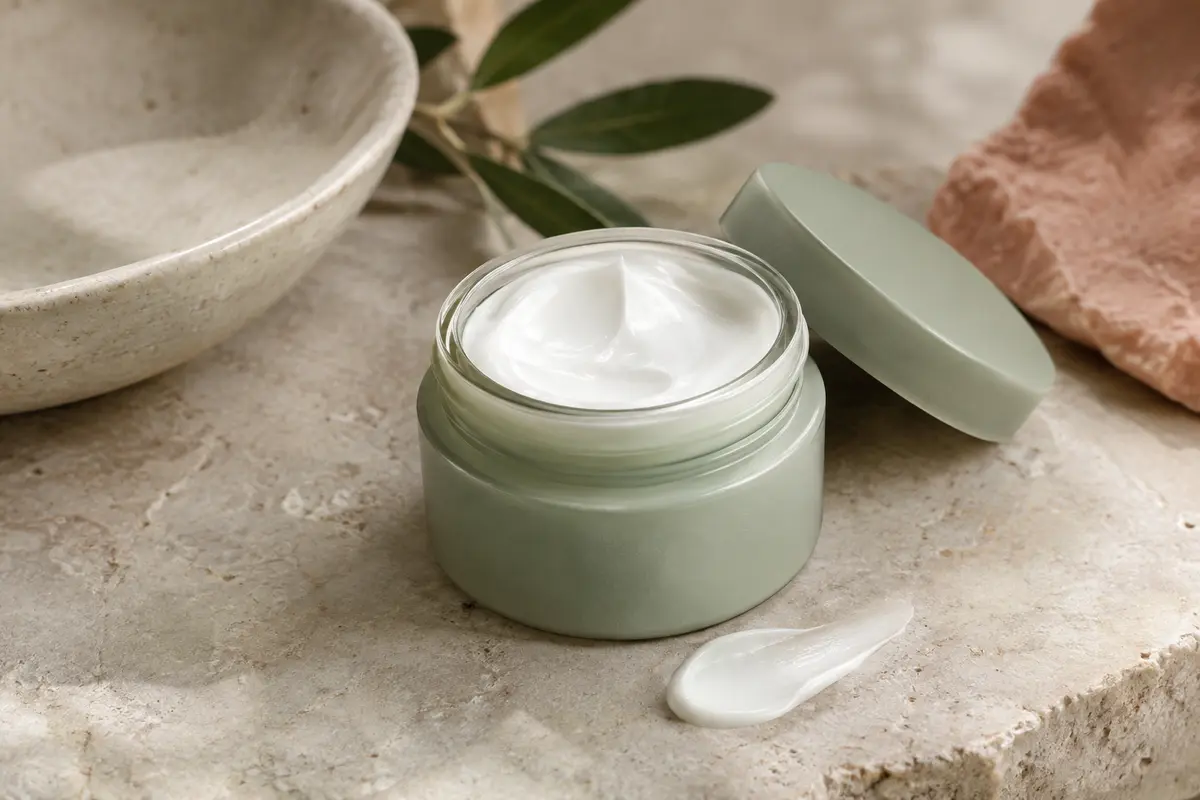 Crème visage légère à la camomille présentée sur une pierre claire avec une touche de texture.
