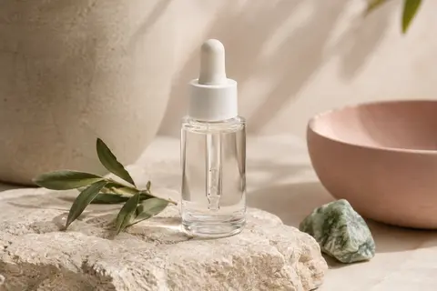 Sérum visage incolore présenté sur une pierre claire avec une touche de céramique mate et de verdure.