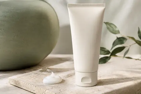 Tube de crème hydratante posé sur une pierre claire près d’une touche de texture crème.