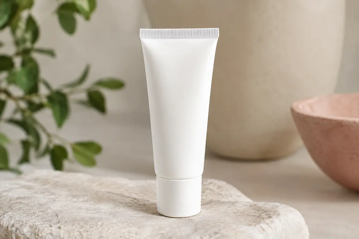 Tube blanc de crème solaire visage posé sur une pierre claire dans une lumière naturelle douce