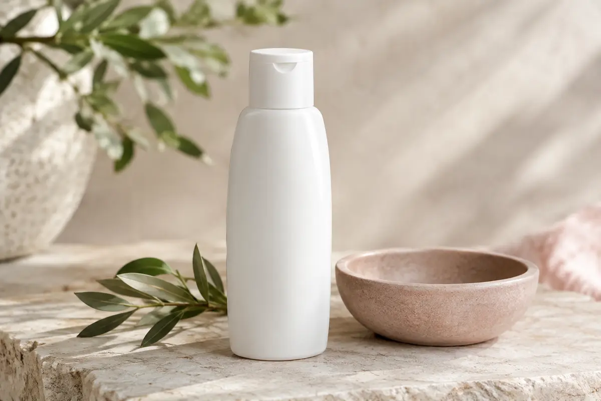 Flacon blanc de lait nettoyant pour le visage posé sur une pierre claire dans une salle de bain lumineuse