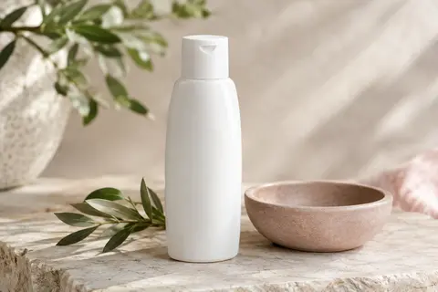 Flacon blanc de lait nettoyant pour le visage posé sur une pierre claire dans une salle de bain lumineuse
