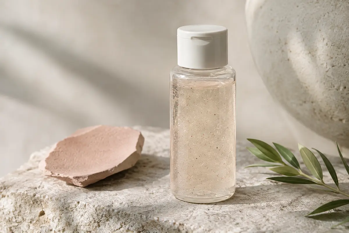 Flacon transparent de lotion exfoliante posé sur une pierre claire, avec un discret brin végétal.
