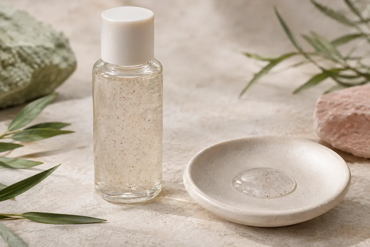 Lotion exfoliante liquide transparente présentée sur une céramique mate, dans un décor clair et épuré.