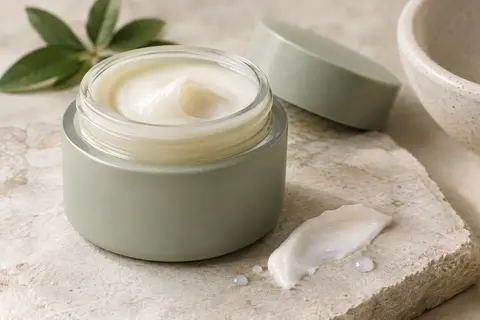 Baume démaquillant Pyunkang Yul à la texture crémeuse, posé sur une pierre claire près d’une céramique mate.