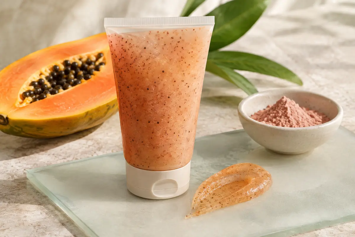 Gel exfoliant visage à la papaye présenté sur une pierre claire près d’un verre dépoli.
