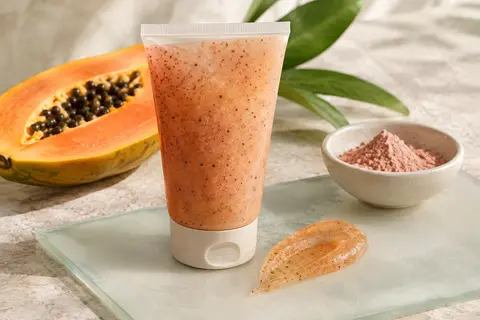 Gel exfoliant visage à la papaye présenté sur une pierre claire près d’un verre dépoli.