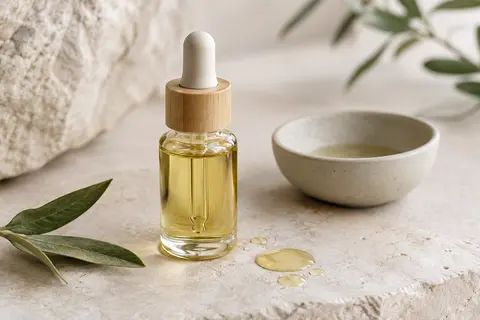 Petit flacon d’huile visage Q+A mis en scène sur une pierre claire avec une coupelle en céramique