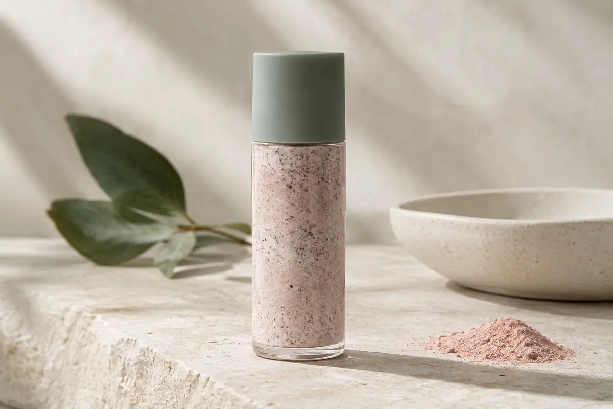 Flacon de peeling visage Rilastil Acnestil posé sur une pierre claire dans une lumière douce