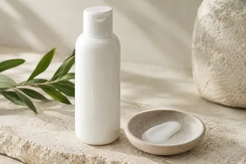 Bouteille blanche de lait démaquillant RoC posée sur une pierre claire avec une touche de texture lactée.