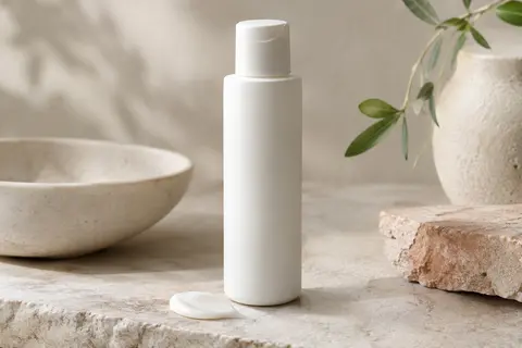 Flacon blanc de lotion hydratante légère posé sur une pierre claire près d’une touche de crème.