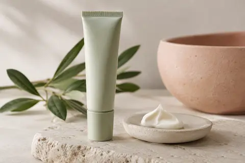 Crème localisée pour le visage présentée près d’une touche de texture sur une pierre claire