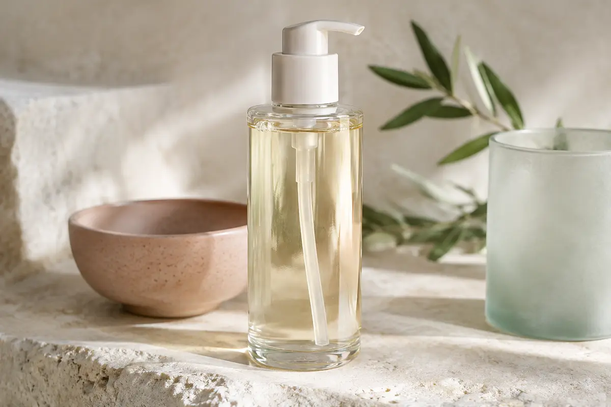 Huile démaquillante SKIN1004 à la Centella dans un contenant transparent posé sur une pierre claire