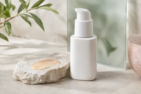 Sérum solaire visage SKIN1004 présenté près d’une texture fluide sur une pierre claire