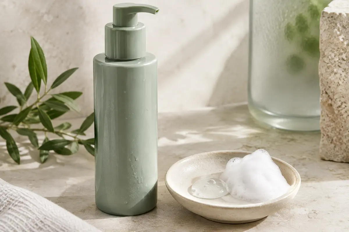 Gel nettoyant moussant transparent présenté près d’une légère mousse sur une céramique claire