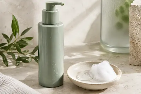 Gel nettoyant moussant transparent présenté près d’une légère mousse sur une céramique claire