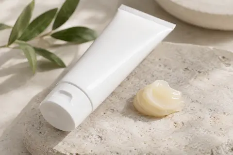 Tube blanc de baume démaquillant posé sur pierre claire, avec une noisette de texture près du bouchon.