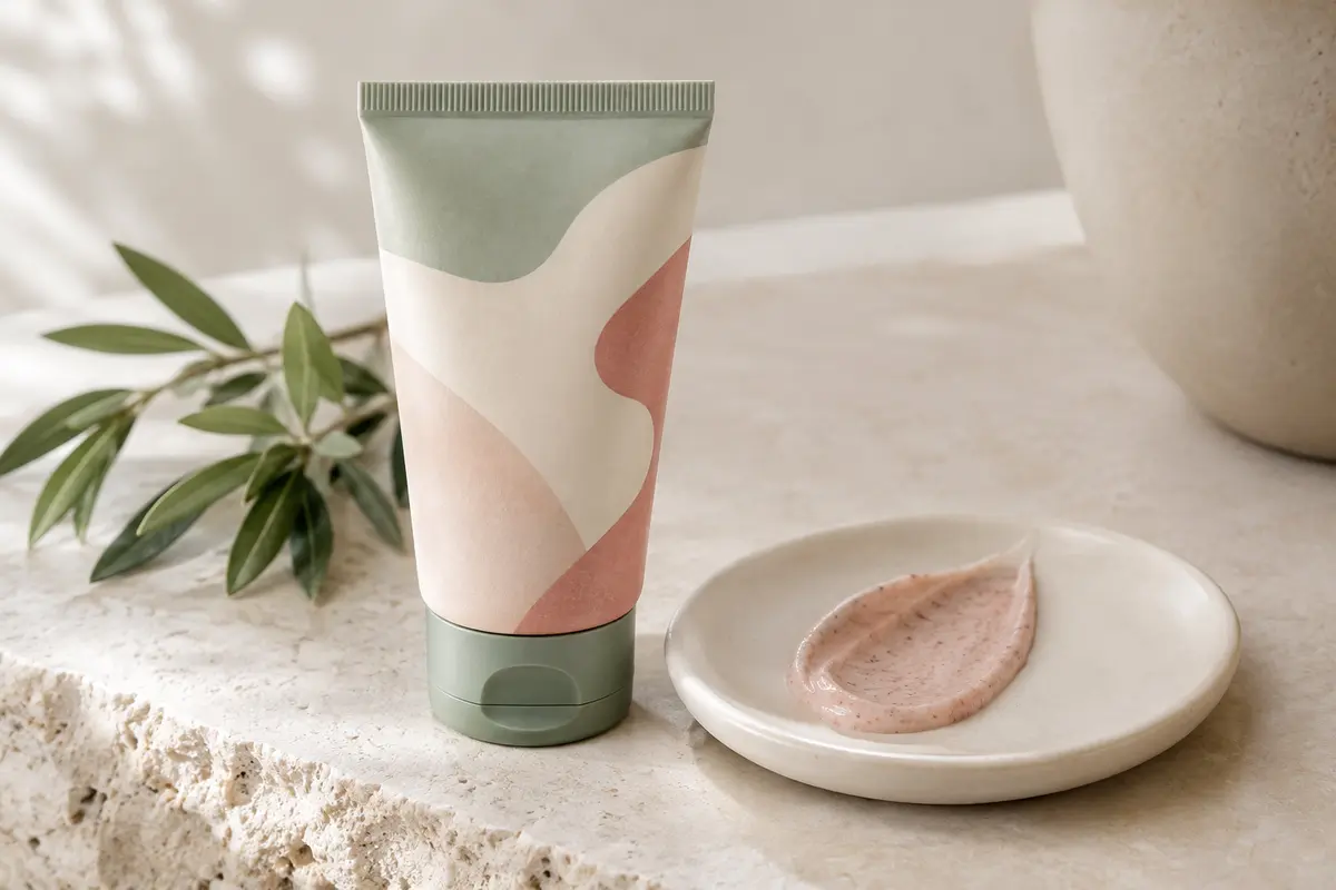 Masque visage compact posé sur une pierre claire, avec une touche de texture onctueuse à côté.