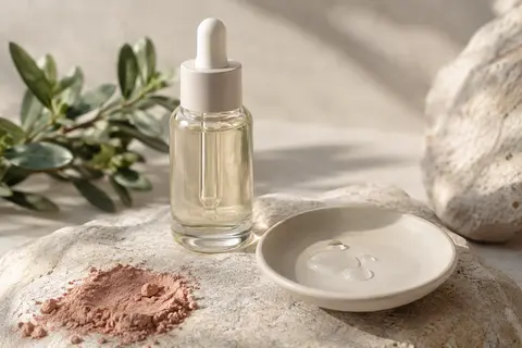 Sérum visage en flacon posé sur une pierre claire, accompagné d’une coupelle montrant quelques gouttes de texture.