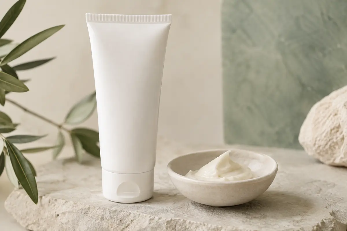 Baume nettoyant blanc à l’avoine posé sur une pierre claire, avec une petite touche de texture crémeuse