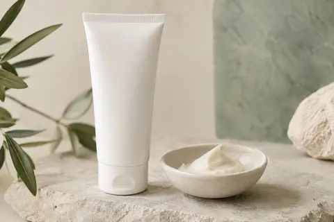Baume nettoyant blanc à l’avoine posé sur une pierre claire, avec une petite touche de texture crémeuse