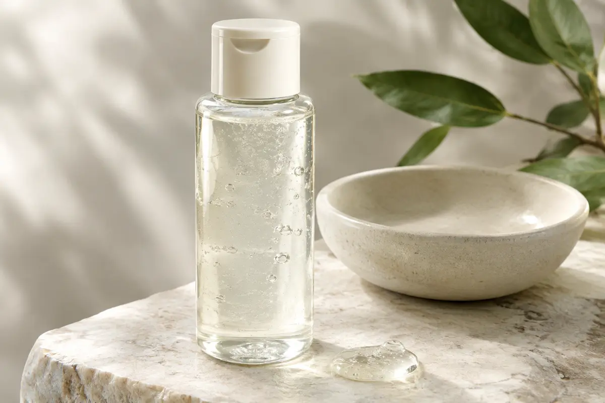 Flacon de nettoyant moussant au glucoside posé sur une pierre claire près d’une touche de gel transparent