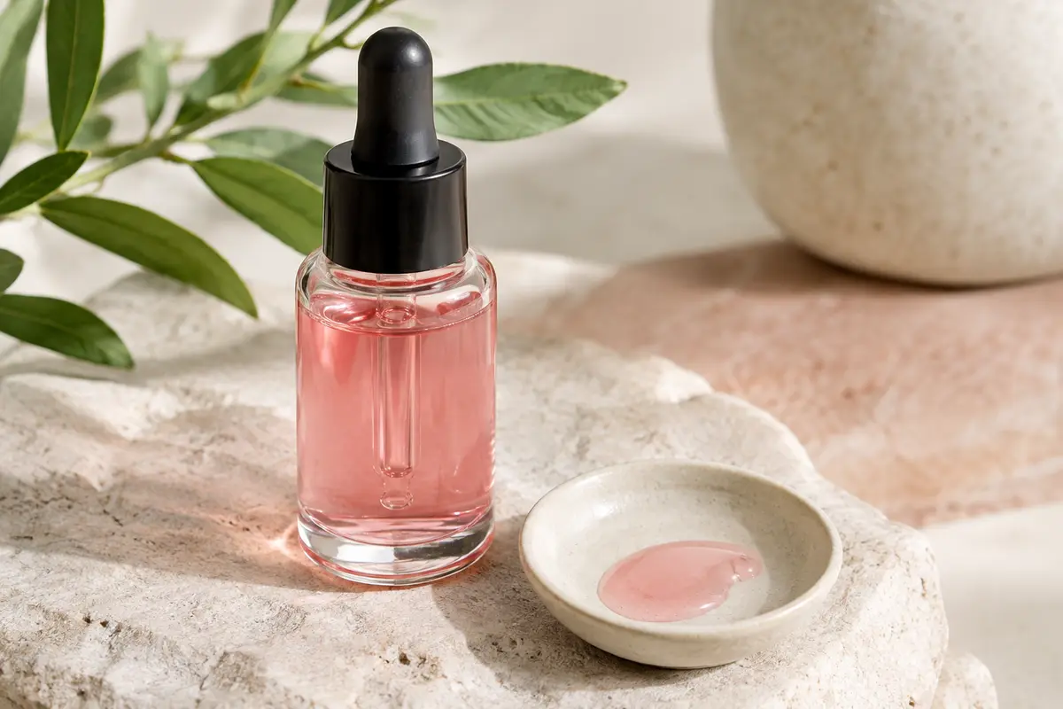 Flacon de peeling visage au sérum rose posé sur une pierre claire, accompagné d’une goutte de texture.